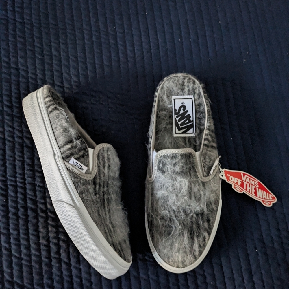 Vans Classic Women 7.5 slip on Mule Soft Plaid Gray Hairy 112024 - Picture 4 of 7